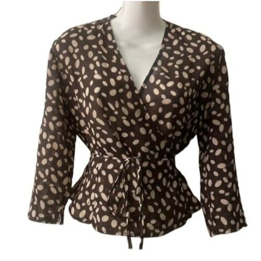 The Limited Brown/Cream long sleeve polka dot wrap around blouse sheer Medium